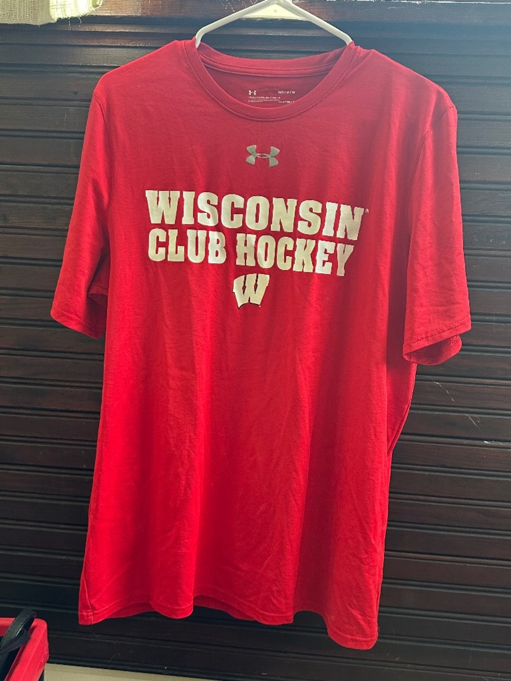 Under Armour Red Wisconsin Club Hockey Tee with White Lettering
